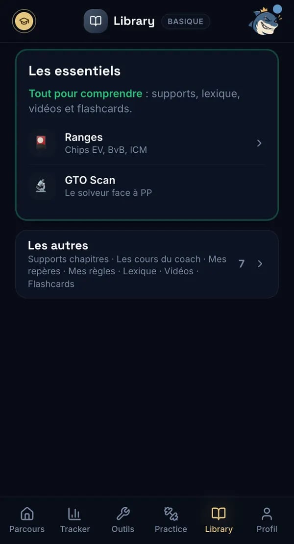 Parcours Poker — la Library : ranges, GTO Scan, supports de chapitre, cours du coach, lexique, vidéos et flashcards