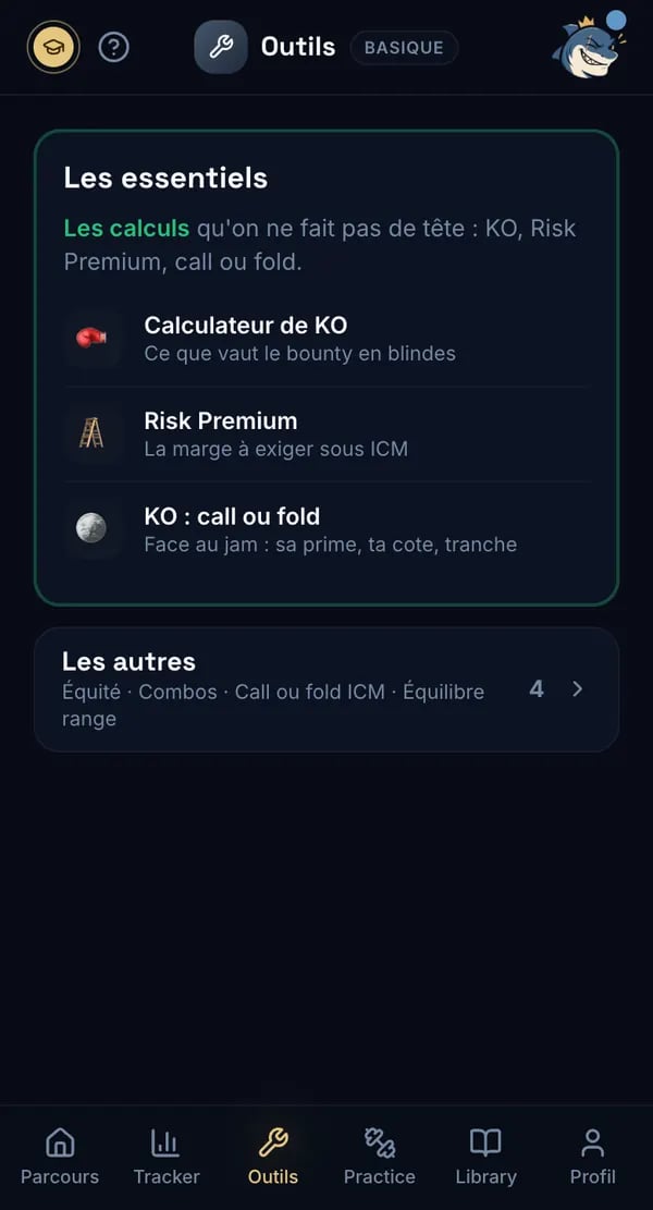 Parcours Poker — l'onglet Outils : Calculateur de KO, Risk Premium, KO : call ou fold