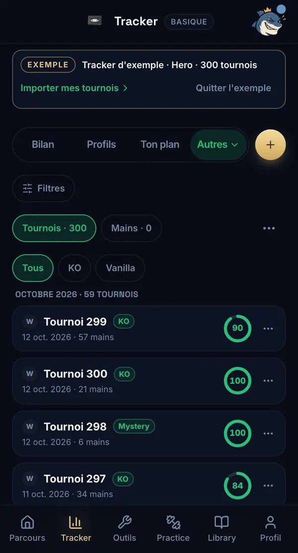 Parcours Poker — l'onglet Tournois du Tracker : chaque tournoi importé, son format (KO, Mystery, Vanilla) et sa note