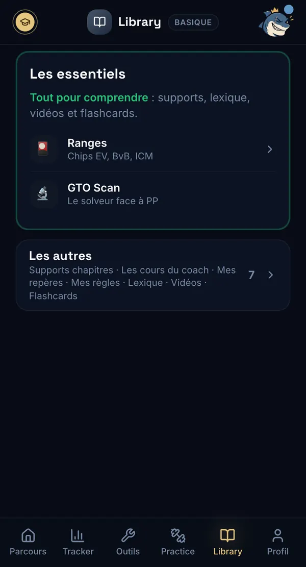 Parcours Poker — la Library : ranges, GTO Scan, supports de chapitre, cours du coach, lexique, vidéos et flashcards