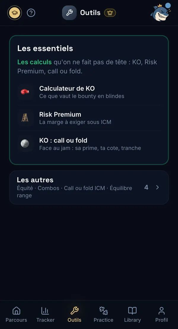 Parcours Poker — l'onglet Outils : Calculateur de KO, Risk Premium, KO : call ou fold