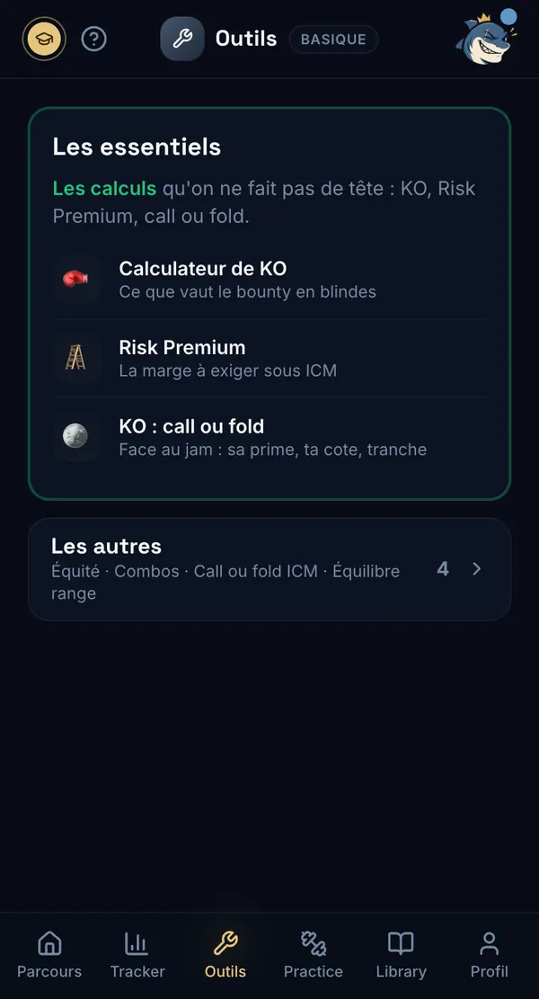 Parcours Poker — l'onglet Outils : Calculateur de KO, Risk Premium, KO : call ou fold